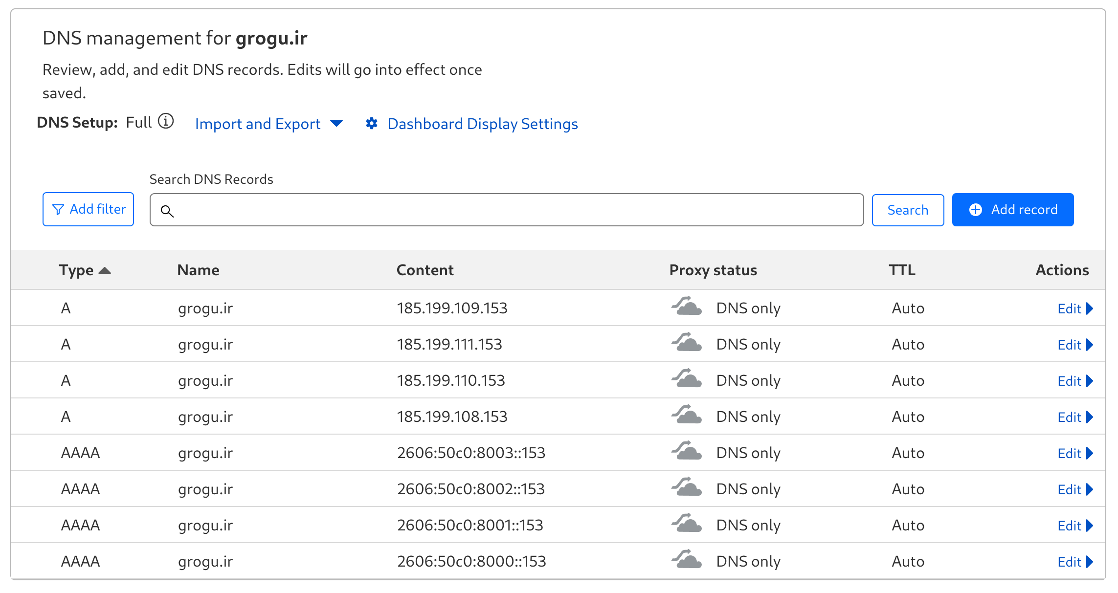 تصویری از رکورد های dns در سایت cloudflare.com