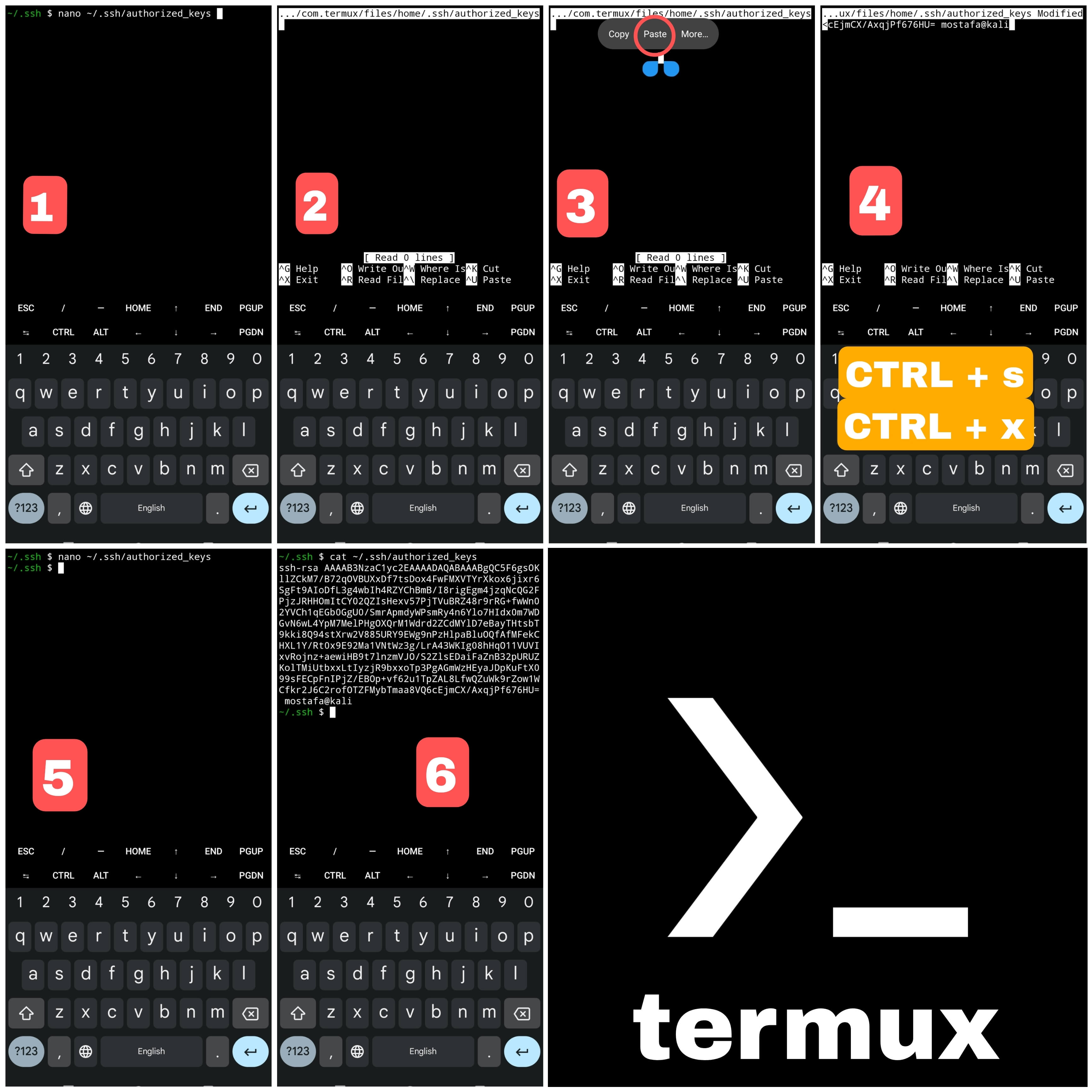 چند عدد اسکرین شات از نرم افزار termux که مراحل جا گذاری کلید عمومی را نشان می دهد